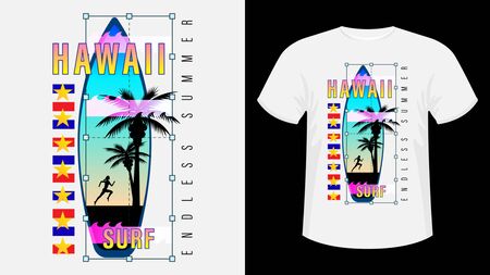 Inscription Hawaii Surf, Endless summer. Surfboard, silhouette of a running woman against the sunset and palm trees. Geometric shape. Concept design for t-shirt, print, card. Vector Illustrationのイラスト素材