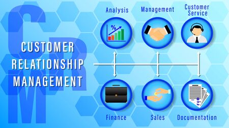CRM. Customer Relationship Management. Chart with keywords and icons on on a blue background with hexagons in the form of honeycombs. Horizontal flat style vector Illustrationのイラスト素材