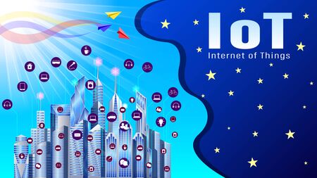 IoT, Smart City, Internet of Things. Modern city with skyscrapers in icons for smart technologies. Night starry sky and sun on blue sky. Realistic horizontal vector, illustrationのイラスト素材