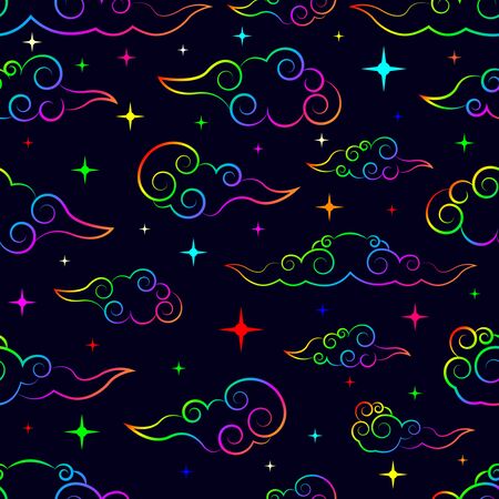 Multicolor Gradient Clouds Seamless Pattern East Asian traditional style on a black background, printing for textiles. Flat vector illustration.のイラスト素材