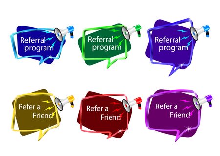 Referral Program message. Refer a friend badge.   Realistic megaphone with lightnings, frames different shape. Business suggestions program. Isolated different color icon set Vector, illustration.のイラスト素材