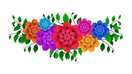 Bouquet of bright colorful flowers with branches and green leaves isolated on a white background. element for greeting cards. Vector Illustration.のイラスト素材