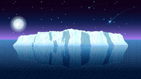 View of a realistic iceberg in a calm sea against a night starry sky. Seascape vector, illustration.のイラスト素材