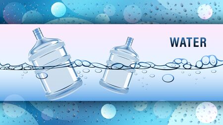 Plastic water blue big bottle, container for cooler float in water on a wet background, drops on glass. Realistic transparent detailed beautiful advertising banner. Vector, illustration.のイラスト素材