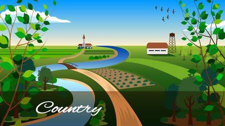 Agricultural farm, country colorful landscape. Beautiful summer fields with, blue sky with clouds, green hills,  blue river. Rural scenery vector Illustration.のイラスト素材