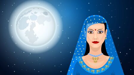 Eastern woman under the full moon. Beautiful indian brunette young woman in sari with gold pattern, traditional fashion. Vector Illustrationのイラスト素材