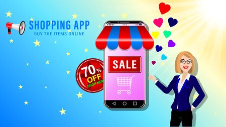 Online shopping app. Smartphone in the form of a store and young woman in glasses on blue sky and sun background. Sale and big discounts advertising banner, website page. Vector illustration.のイラスト素材