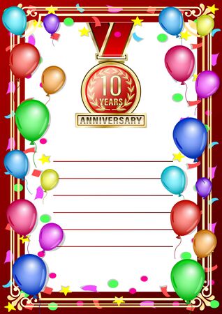 Poster, gift card with colored balloons and gold anniversary label, medal, emblem. Vertical realistic Vector Illustrationのイラスト素材