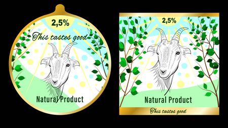 Label, farm product packaging. pencil handmade drawing of the head of the goat in a meadow under the sun. Vector illustrationのイラスト素材