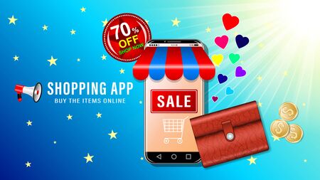 Online shopping app. Smartphone in the form of a store and brown leather wallet with coins on blue sky and sun background. Sale and big discounts advertising banner, website page. Vector illustration.のイラスト素材