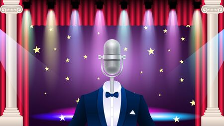 Compere, master of ceremonies, emcee on stage. Realistic silver metal microphone in tuxedo, suit with bowtie, concert stage with colorful light effect . Vector Illustrationのイラスト素材