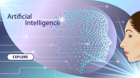 Artificial intelligence in the form of a virtual human head with a neural network looks at the woman's face, study each other. AI analyze information. Concept technology web page. Vector Illustration.のイラスト素材