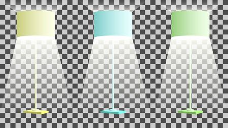 Realistic set different color floor lamps included with directional light isolated on background. Vector Illustration.のイラスト素材