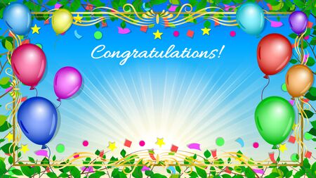 Invitation, greeting, congratulatory card, poster. Colorful balloons, confetti and a frame on a blue sky and sunrise background. Bright, festive, vertical vector, illustration.のイラスト素材