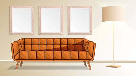 Brown couch, wooden frames on wall and floor lamp in living room.  Modern interior design Vector illustrationのイラスト素材