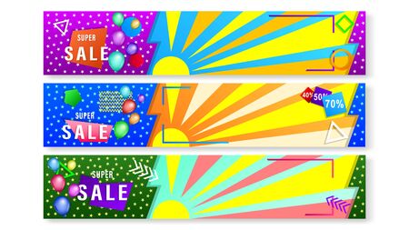 Set banners with colorful geometric shapes and balloons. Horizontal widescreen gradient vector, illustration can use for website, mobile app, poster, flyer, gift card, header page, web design.のイラスト素材