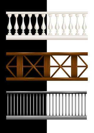 Set stone, wooden and metal seamless railings isolated. Realistic vector, illustration.のイラスト素材