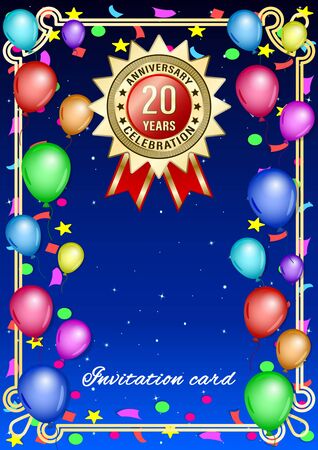 Poster, gift card with colored balloons and gold anniversary label, medal, emblem on a starry sky background. Vertical realistic Vector Illustrationのイラスト素材