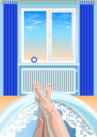 Women's feet, legs in the bathtub, bathroom, first person view. The blue sky with clouds in the window, the alarm clock on the windowsill in the background. Vector illustration.のイラスト素材