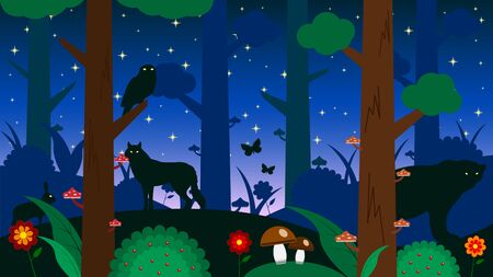 Colorful forest in the sunlight. butterflies, mushrooms, berries, trees.のイラスト素材