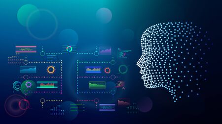Future interface virtual colorful holographic screen on a dark blue gradient background.のイラスト素材