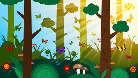Colorful forest in the sunlight. butterflies, mushrooms, berries, treesのイラスト素材