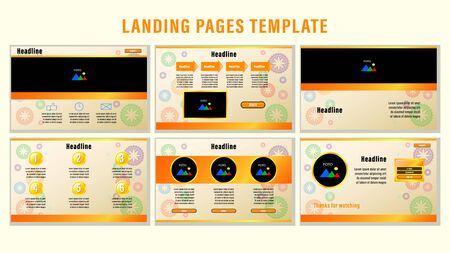 Set Landing pages with gradient orange rectangular strips and elements, photo frames template with the background of the circular ornament. Business presentation vector illustration.のイラスト素材