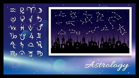 astrology signs, symbols on a light effect and dark blue background, constellation on a old city and night starry sky background. Vector illustration.のイラスト素材