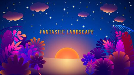 Fantastic landscape. sunset, dawn in the night starry sky. Fabulous colorful plants. Gradient purple and pink colors on picture. Flat style vector illustration.のイラスト素材