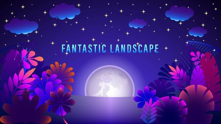 Fantastic landscape. Moon in the night starry sky. Fabulous colorful plants. Gradient purple and pink colors on picture. Flat style vector illustration.のイラスト素材