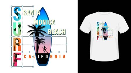 Colorful inscription California, Santa Monica beach surf print white t-shirtのイラスト素材