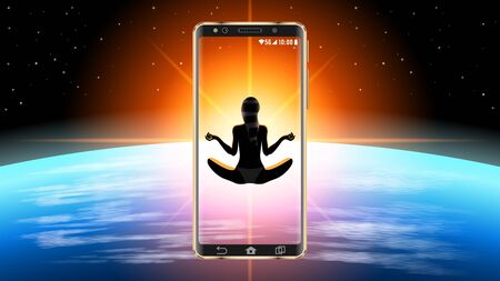 Realistic smartphone in outer space. Silhouette of a womanのイラスト素材