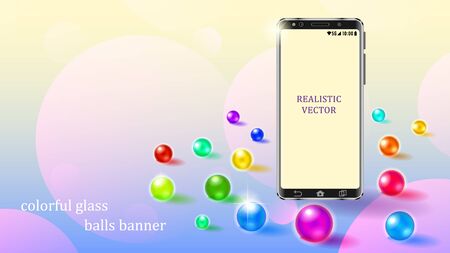 Scattered on the surface multicolored sparkling glass bubbles round banner. Realistic smartphone in metal case with a blank screen. 3d vector illustration.のイラスト素材