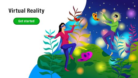 People with VR glasses playing with butterflies among the plants. Fantastic colorful flat style vector illustration virtual reality...のイラスト素材