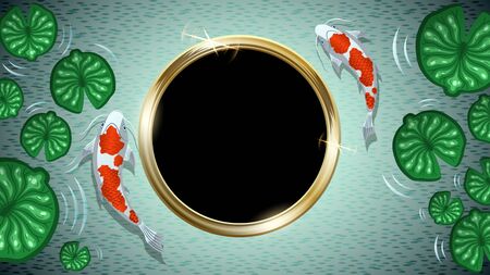 Two white with red spots Koi fishes among green Lotus leaves in water. Gold ring in the form of a frame with copy space for text. Japanese carp top view. Colorful vector illustration.のイラスト素材