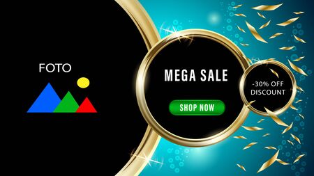Mega sale, advertising banner photo frames in the form of gold rings, golden confetti falls, air bubbles under water. Realistic 3d vector illustration.のイラスト素材