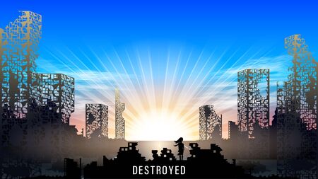 Little girl looking at the sun on the horizon standing dark ruins of buildings, rear view.のイラスト素材