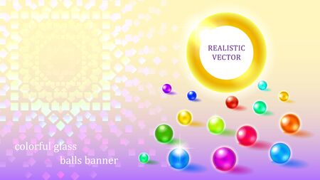 Scattered on the surface multicolored sparkling glass bubbles round banner on a purple gradient backgroundのイラスト素材