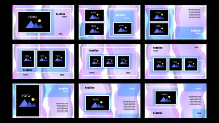 Set landing pages purple and blue color of rectangular and fluid elements, photo frames template with the background. Business presentation, vector illustration stock.のイラスト素材