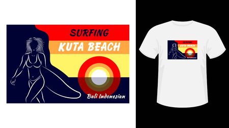 Inscription Surfing Kuta beach print white t-shirt. Outline drawing woman in a swimsuit holding surfboard, front view, against the sea and sunset. Flat style vector illustration stock.のイラスト素材