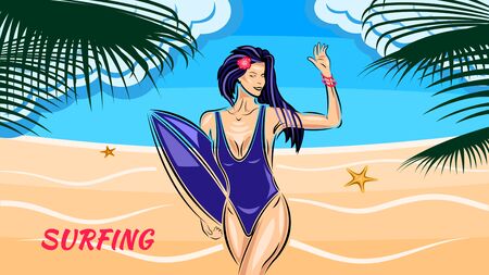Beautiful young woman in a swimsuit holding surfboardのイラスト素材