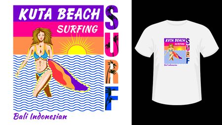Inscription Surfing Kuta beach print white t-shirt.のイラスト素材