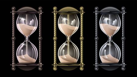 Set realistic vintage hourglass, sandglass of different metals isolatedのイラスト素材