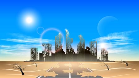 Panorama of the destroyed city in the desert against the blue sunny sky.のイラスト素材