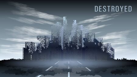 Realistic panorama of the destroyed city against the gray sky, rear viewのイラスト素材