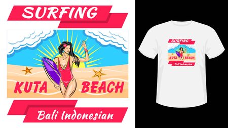 Inscription Surfing Kuta beach print white t-shirt.のイラスト素材
