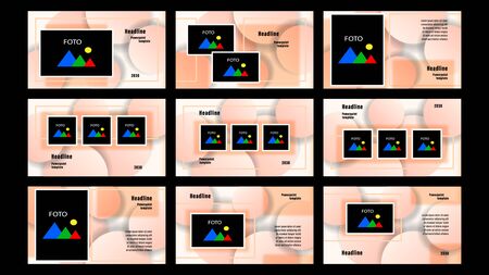 Set Landing pages beige color of rectangular elements, photo frames template on the background of transparent circles. Business presentation, vector illustration stock.のイラスト素材
