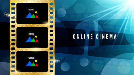 Inscription online cinema, realistic gold film with copy space for text and fotoのイラスト素材