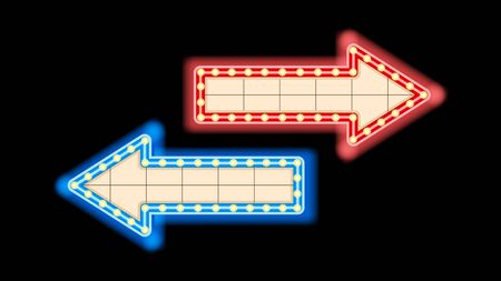 Blue and red neon arrow pointer, right or left direction indicators isolated on a black background. Vector illustration stock.のイラスト素材