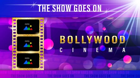 Inscription Bollywood cinema, realistic gold film with copy space for text and foto, image on a blue and pink gradient blur light effect background. Mixed media vector illustration stock.のイラスト素材